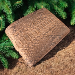 May include: A rectangular, brown leather wallet with a snakeskin pattern. The wallet is resting on a bed of brown straw and is surrounded by green pine branches. The wallet's texture is visible.