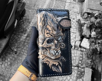 Skull Joker Leather Carving Wallet: Hand-Carved Vegetable Tanned Italy Leather