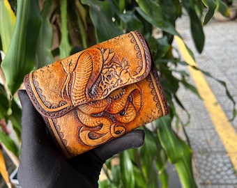 Hand-Carved Leather Wallet with Coin Pocket - Artisan Crafted, Italian Leather, RFID Blocking