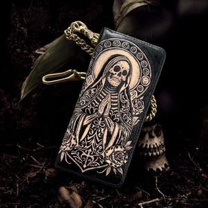 Santa Muerte Leder Carving Lange Brieftasche mit Kette, Hand geschnitzte Lange Brieftasche, Pflanzlich Gegerbtes Italien Leder Lange Brieftasche für Männer und Frauen