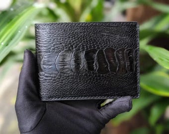 Zwarte leren portemonnee met struisvogelbeen voor heren, RFID-blokkering