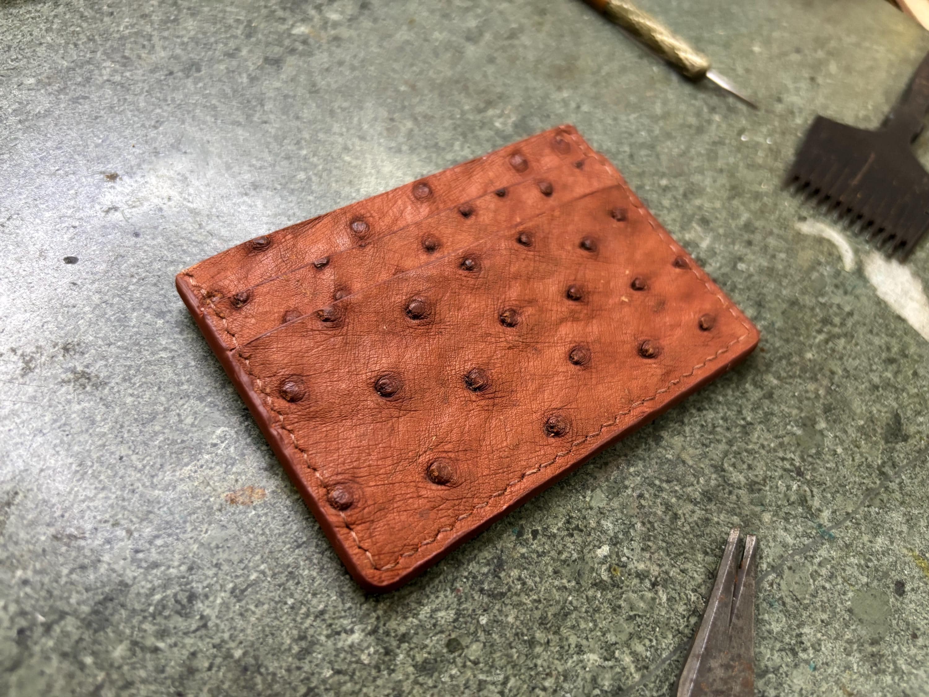 Handmade Exotic Ostrich Leather Card Wallet: Slim Card Holder, RFID Blocking