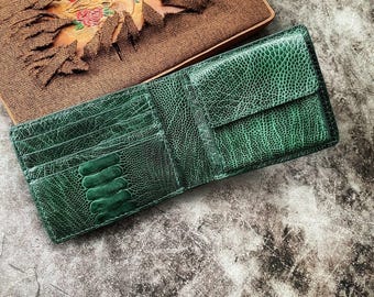 Leren portemonnee met exotische struisvogelpoot, handgemaakte luxe herenkleding, portemonnee met RFID-blokkering