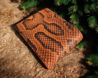 Portefeuille à deux volets fait main en cuir de python marron clair : portefeuille exotique personnalisé, blocage RFID