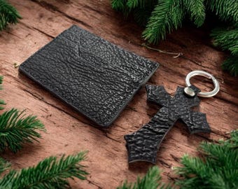 Cadeauset echte zwarte haaienhuid kaarthouder en kruissleutelhanger – met de hand gestikte exotische herenaccessoires