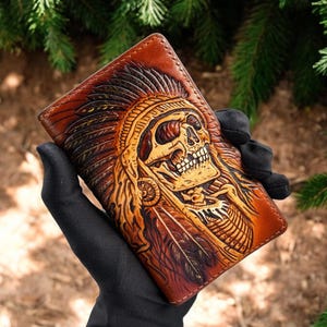 Cartera larga de piel con calavera de Indiana tallada a mano con encaje, cartera larga de piel italiana curtida con vegetales para hombres y mujeres