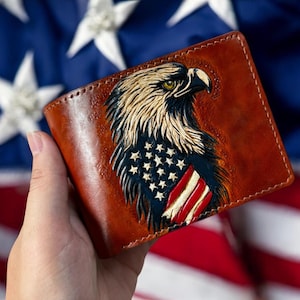 Hand Carved American Flag Eagle Leather Bifold Wallet, Italy Vegetable Tanned, RFID Blocking
