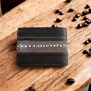 Cartera de cuero Epsom con mezcla de Stingray auténtica para hombre, cartera plegable de cuero para hombre, cartera de cuero de lujo para hombre, la mejor cartera de cuero para hombre
