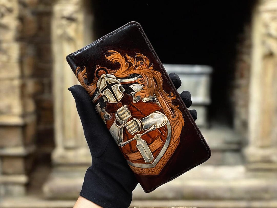 Knight Wallet Hand Carved Knight Leather Long Wallet: Vegetable Tanned Italy Leather ...