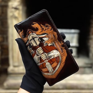 Cartera larga de cuero tallado a mano con cadena de caballero, cartera larga de cuero italiano curtido con vegetales para hombres y mujeres