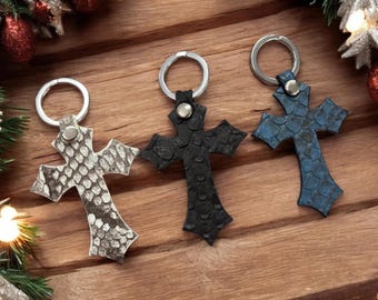 Cadeauset van 3 leren python-sleutelhangers met kruis, sleutelhanger exotische huid