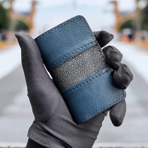 Tarjetero de piel de raya minimalista exótico, billetera de piel de vaca hecha a mano, tarjetero de piel de raya mixta, billeteras de lujo para tarjetas