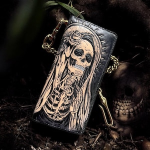 Cartera larga de cuero tallado de Santa Muerte con cadena, tallada a mano, de cuero italiano curtido vegetal para hombres y mujeres.