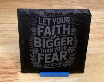 Faith Over Fear Slate Coaster Set | Engraved Mark 5:36 Bible Verse | Christian Gift | Religious Home Decor