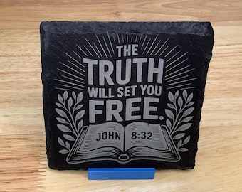 Truth Shall Set You Free Slate Coaster | Engraved John 8:32 Bible Verse | Christian Gift | Scripture Decor