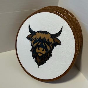 Highland Cow Coasters w/ Cork backing  | Made in USA! | Veteran-owned Business |