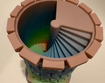 May include: A cylindrical tower container featuring a central spiral staircase structure. The interior walls display a vibrant rainbow gradient, while the exterior and top rim are constructed from a solid, muted peach-colored material.