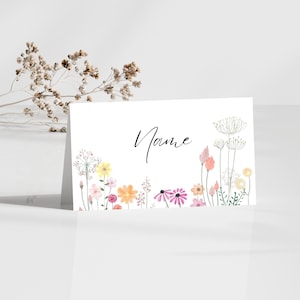 Plantilla digital para tarjetas de lugar de boda o fiesta con motivos florales, caprichosos, primaverales y bohemios. Editable. Imprimible. Descarga instantánea.