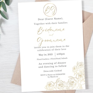 Printable Elegant Wedding Invitation | Gold Roses | Customisable Canva Template | Digital Invitation