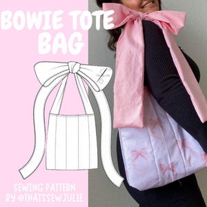 May include: A sewing pattern for a tote bag with a large bow on the top. The bag is called a "Bowie Tote Bag" and the pattern is by @thatsssewjulie.