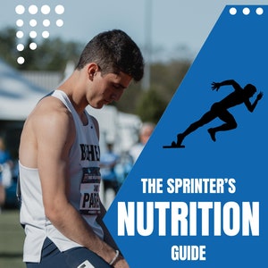 Puede incluir: Un gráfico azul y blanco con el texto "The Sprinter's Nutrition Guide" y "Created by NCAA Champion Jacob Parent". El gráfico presenta la silueta de un corredor en posición de salida.