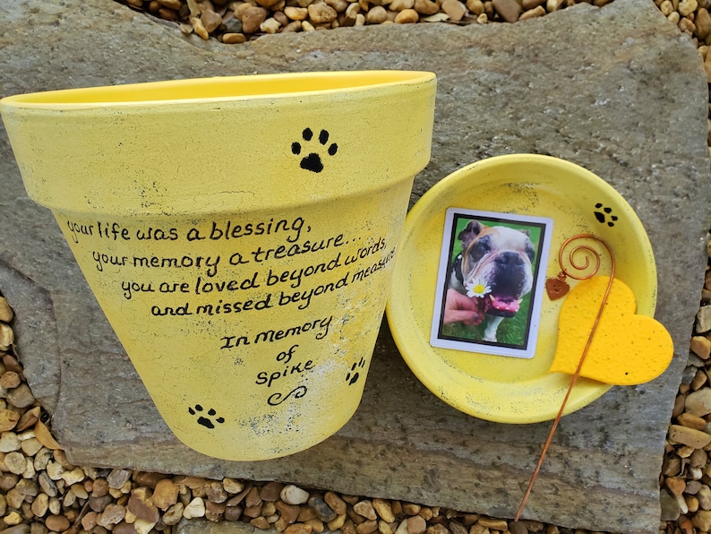 Pet Loss Gift for home or garden customized with personalized wording and pet photo.  The perfect remembrance gift for someone who has lost a pet. Shown in yellow.
