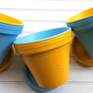 Medium painted polka dot planter in custom color combinations. Hand-painted terracotta flower pot with matching saucer, sealed for indoor or outdoor plants. Shown in yellow and blue with small dots.