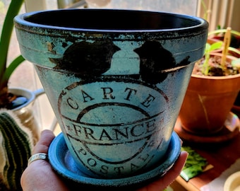 Bird Planter • Hand Painted Flower Pot • French Country Decor • Blue Boho Planter • Black Bird Planter