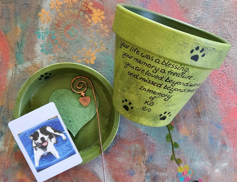 Pet sympathy gift planter personalized for dog or cat loss with memorial message