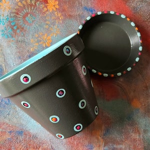 May include: A brown terracotta planter with a white rim and white polka dots with a light blue and orange accent. The planter has a matching saucer.