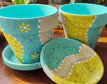 Boho Planter Set of 2 · Hand Painted Succulent Pots · Blue Yellow Flower Pots · Small Plant Pots · Coastal Home Decor