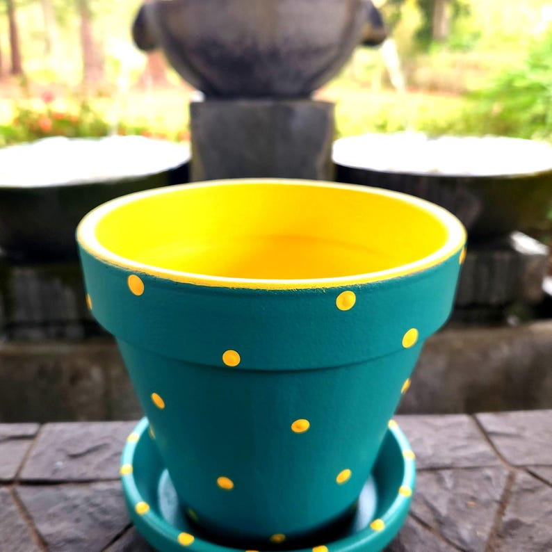 Medium painted polka dot planter in custom color combinations. Hand-painted terracotta flower pot with matching saucer, sealed for indoor or outdoor plants. Shown in blue and yellow.