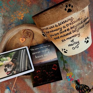 hand painted pet memorial flower pot with rainbow bridge theme