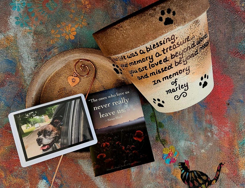 hand painted pet memorial flower pot with rainbow bridge theme