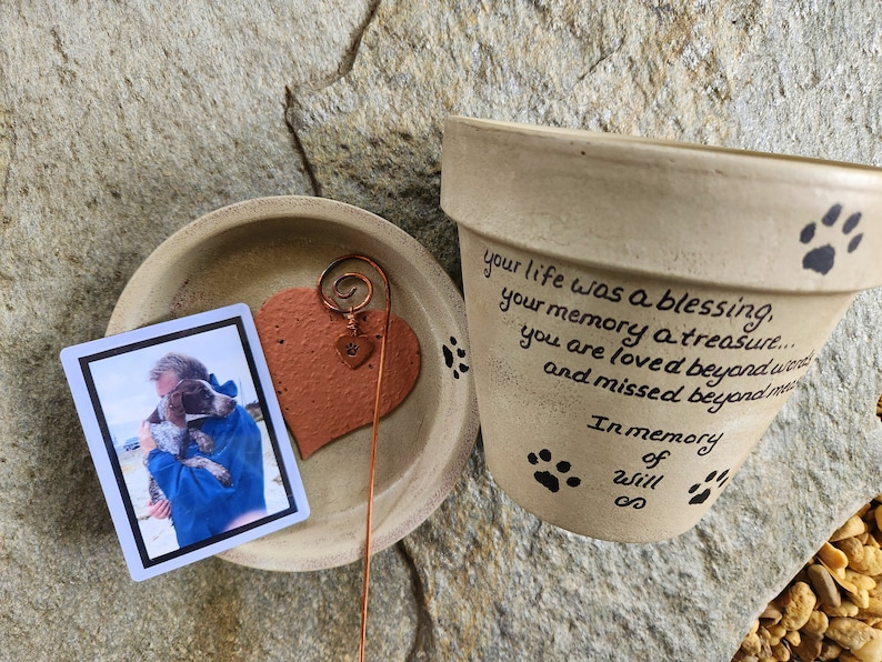 Pet sympathy gift planter personalized for dog or cat loss with memorial message
