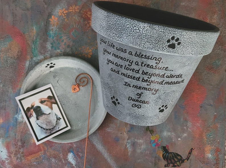 Pet sympathy gift planter personalized for dog or cat loss with memorial message