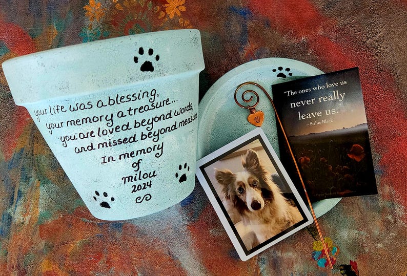 Pet sympathy gift planter personalized for dog or cat loss with memorial message