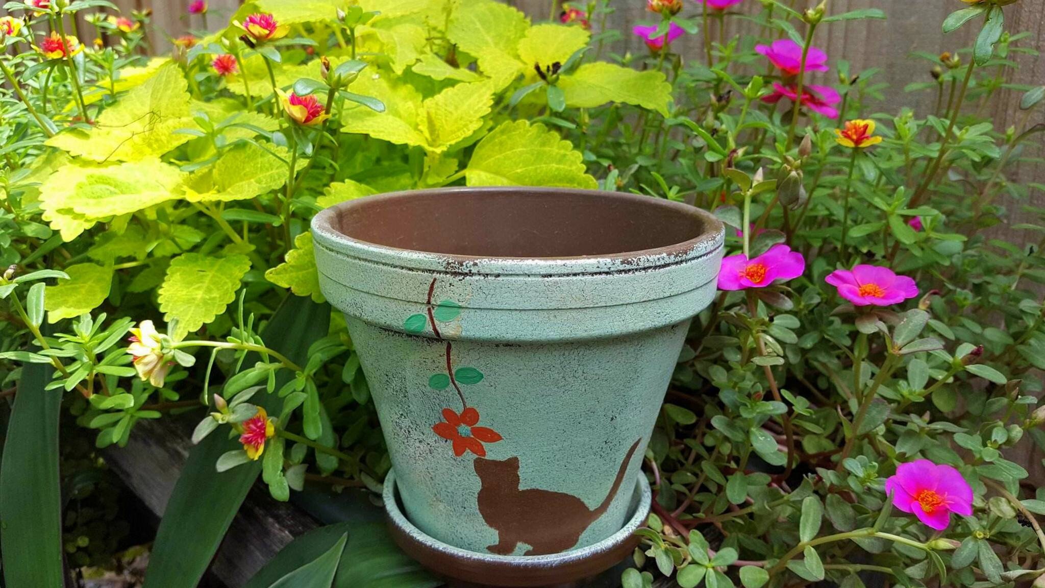 Planter with Cat Cat Flower Pot Rustic Vintage Look Cat Etsy