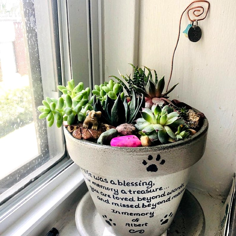 Hand-painted personalized pet memorial planter with custom wording and colors. Terracotta sympathy pot with pet name for dog or cat loss, Rainbow Bridge tribute.  Shown in gray blend.