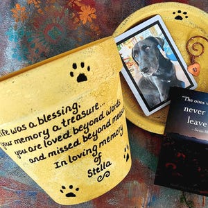 Hand-painted personalized pet memorial planter with custom wording and colors. Terracotta sympathy pot with pet name for dog or cat loss, Rainbow Bridge tribute. Shown in yellow.