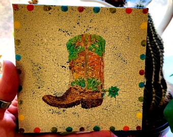 Cowboy Boot Mini Canvas Art · Southwest Wall Decor · Western Small Painting · Rustic Cowgirl Art · Tiny Canvas 5x5