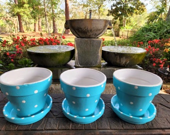 Polka Dot Plant Pots, Turquoise Polka Dot Planter, Turquoise and White, Painted Flower Pots, Set of Small Pots, Succulent Pots