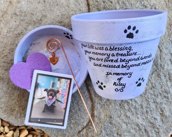 May include: Purple planter with a paw print design and the text "your life was a blessing, your memory a treasure... words, you are loved beyond words and missed beyond measure. In memory of Riley". A small photo of a dog is included in the planter.