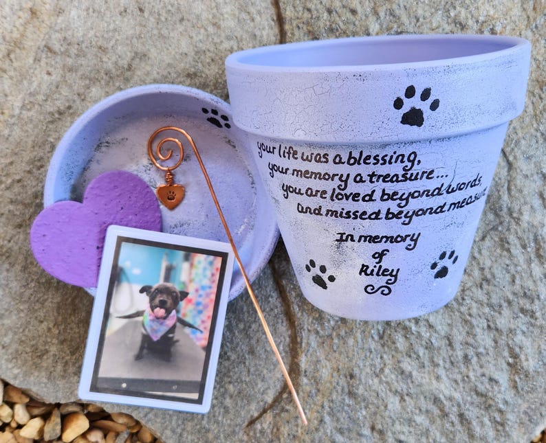 Pet sympathy gift planter personalized for dog or cat loss with memorial message