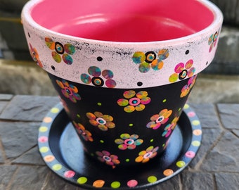 Colorful Floral Planter • Hand Painted Flower Pot • Boho Decor • Cottagecore Planter • Eclectic Decor