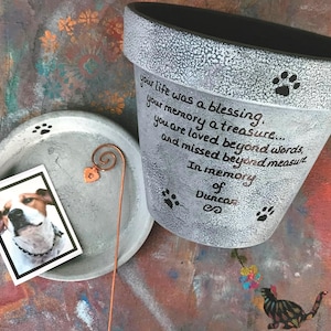 Personalized pet memorial planter with custom name and message.
Hand painted terracotta pet loss planter with matching saucer shown in gray.