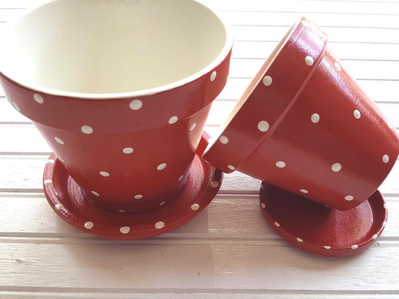 Medium painted polka dot planter in custom color combinations. Hand-painted terracotta flower pot with matching saucer, sealed for indoor or outdoor plants. Shown in red and white.