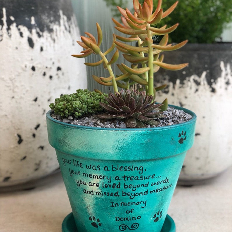 Pet sympathy gift planter personalized for dog or cat loss with memorial message