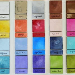 May include: Color chart with 20 different paint colors, including rustic white, sand, gray blend, brown blend, bronze gradient, yellow, orange, red, pale pink, hot pink, baby blue, medium blue, royal blue, navy, turquoise, teal, lavender, deep purple, medium green, and moss green.