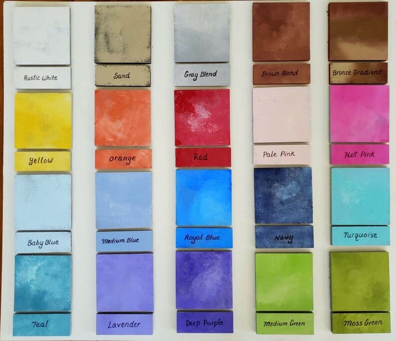 May include: Color chart with 20 different paint colors, including rustic white, sand, gray blend, brown blend, bronze gradient, yellow, orange, red, pale pink, hot pink, baby blue, medium blue, royal blue, navy, turquoise, teal, lavender, deep purple, medium green, and moss green.